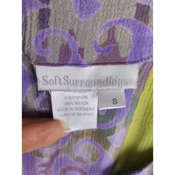 3/$20 Soft Surroundings Green Blue Purple Rayon One Button Duster Cardigan Top S - Picture 8 of 8